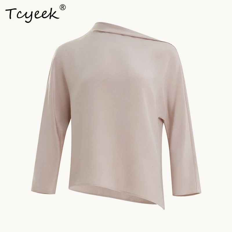 

Tcyeek, 28MM 48%Mulberry Silk, Women Skew Collar Shirt, Long Sleeve, Designed OL Chic Blouse, 2024 Autumn Winter Top T49819QM