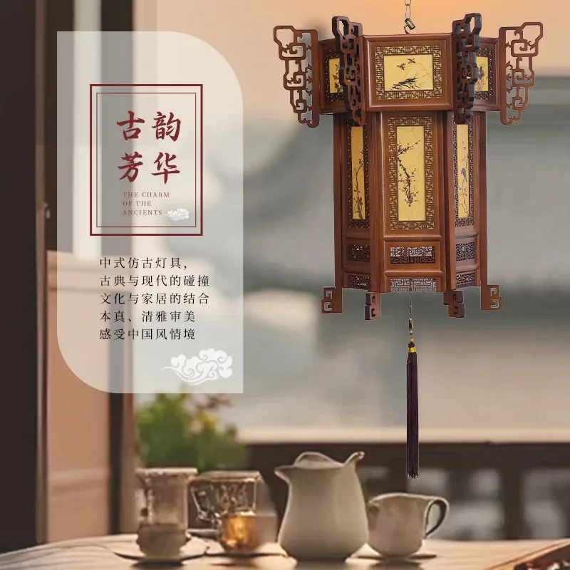 Chinese antique palace lamp solid wood hexagonal lantern villa gate temple balcony festival outdoor project chandelier wholesale