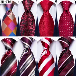 Hi-Tie Designer White Red Burgundy Striped Paisley Solid Silk Wedding Tie For Men Hanky Cufflink Set Business Party Dropshipping