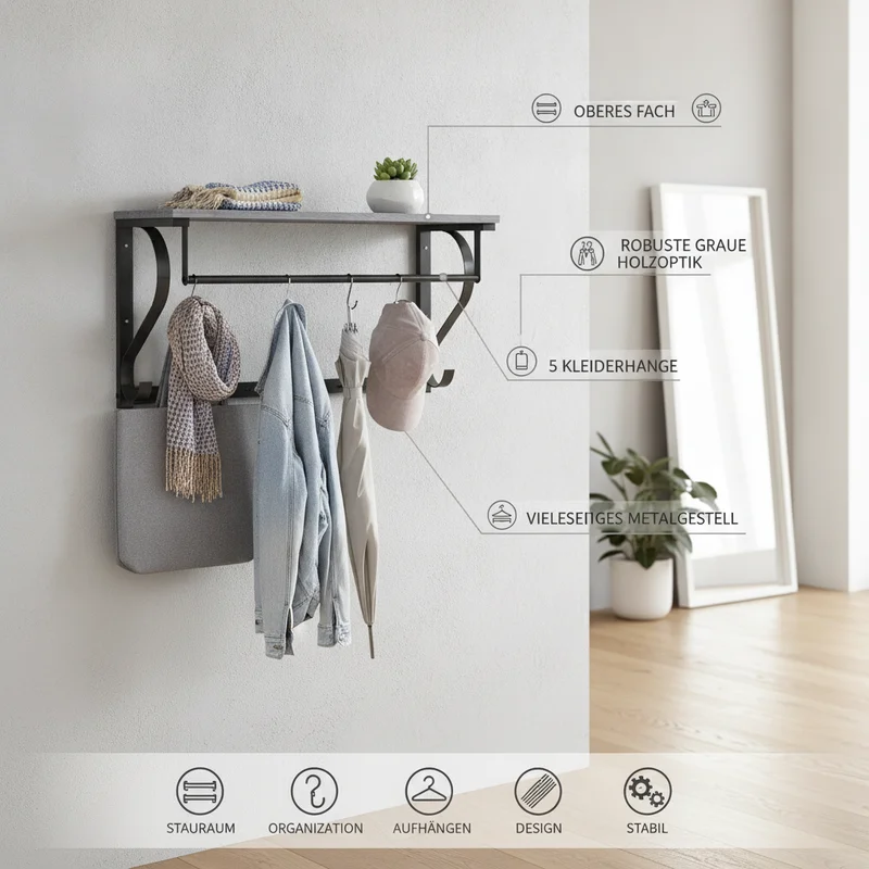Perchero De Pared Gris Con 5 Ganchos Y Estante Superior Multifunción, Envío Local En Europa — -57%, 128.48€ Coupon, from 96.92€ – 57% descuento – €96.92