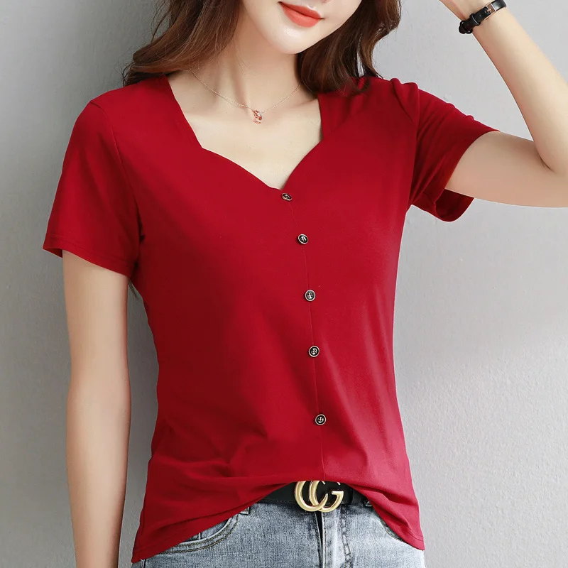 New Women Summer White T-shirt Fashion V-Neck Short Sleeve Slim Cotton Tees Tops Simplicity Basic Button T-shirt