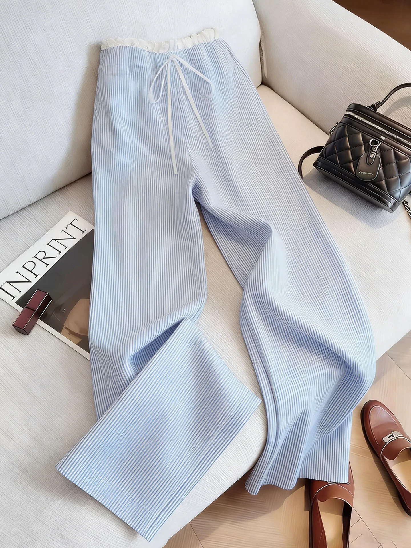 

High Waist Wide Leg Pants Color Block Design Slimming Loose Casual Women's Spring Fashionable Versatile Trousers