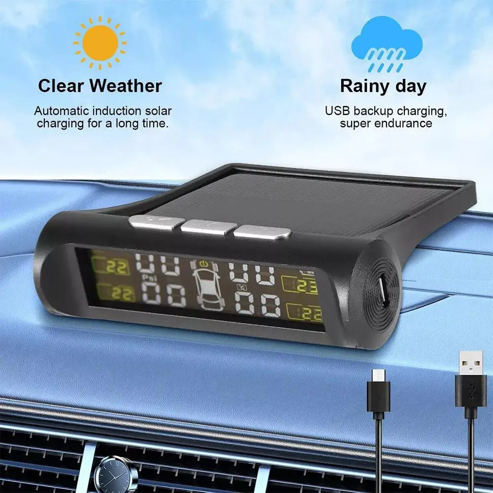 Solar Power TPMS Car Tire Pressure Alarm Monitor System Tyre Warning Alarm Systems Temperature Pressure Security Auto H2U0