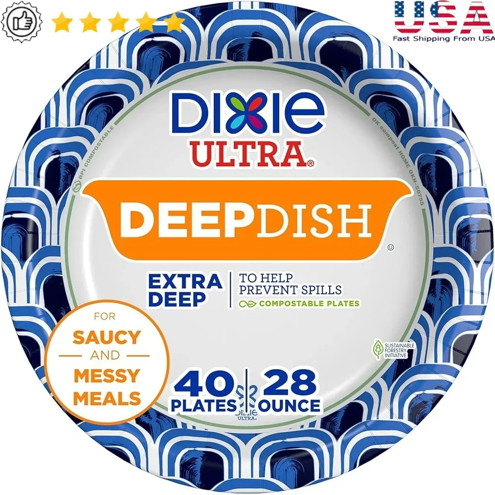 

Сверхмощные сверхглубокие одноразовые бумажные тарелки, 28 унций, 40 шт., безопасные для микроволновой печи, защищенные от порезов, идеальные грязные продукты питания