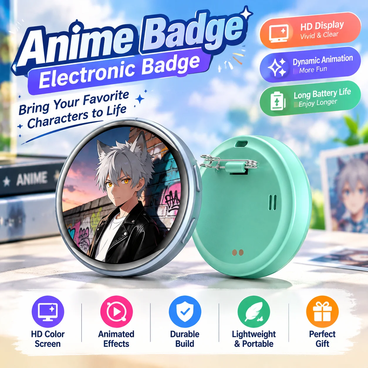 Smart Bluetooth Anime Digital E-Badge Electronic Merchandise Upgraded With Sound Badge Digital Pin Anime Dynamic Display E-badge
