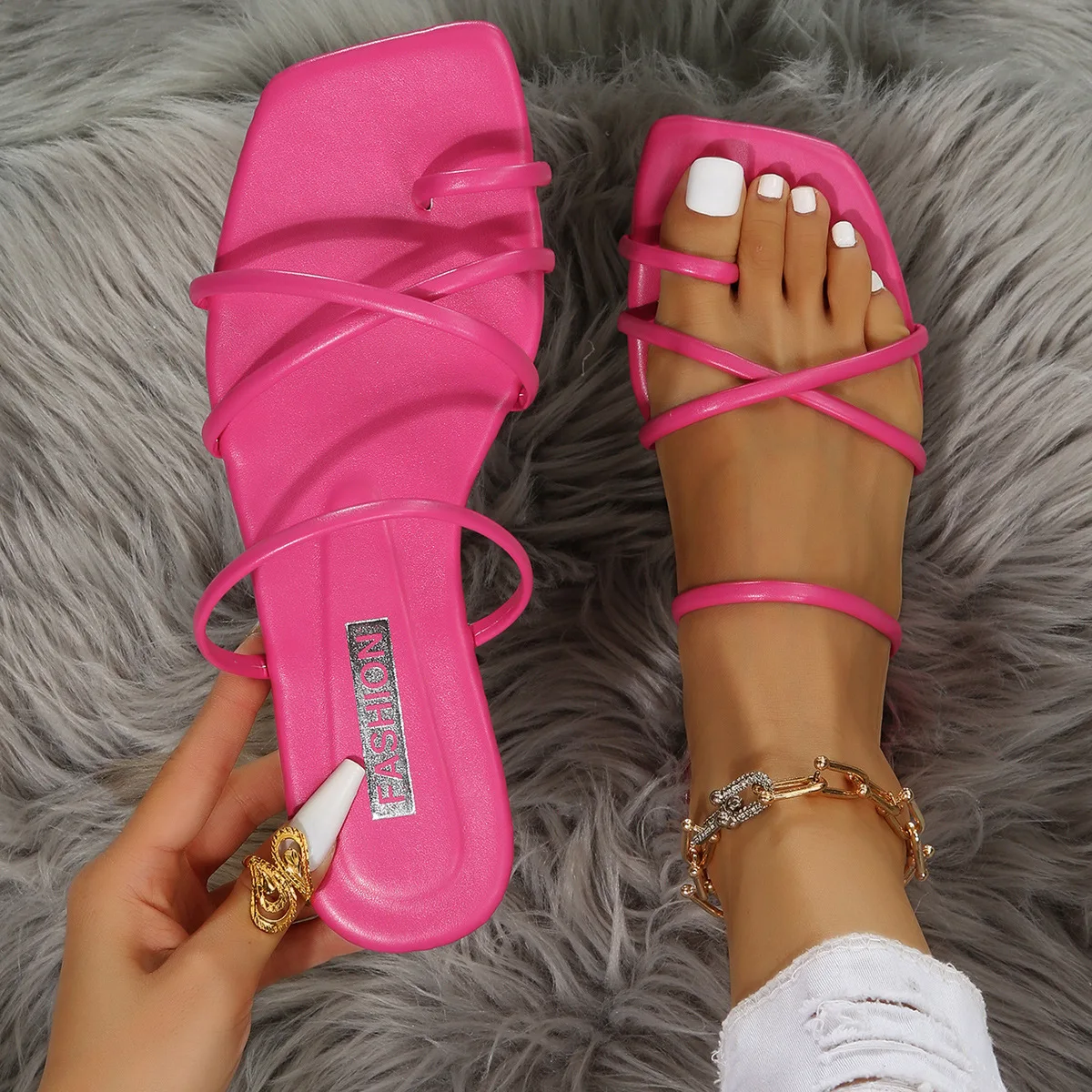 Summer Flat Fashion Sandals Women Candy Color Strap Cross Slipper Ladies Girl Flat Square Toe Strap Flip-flop Slippers