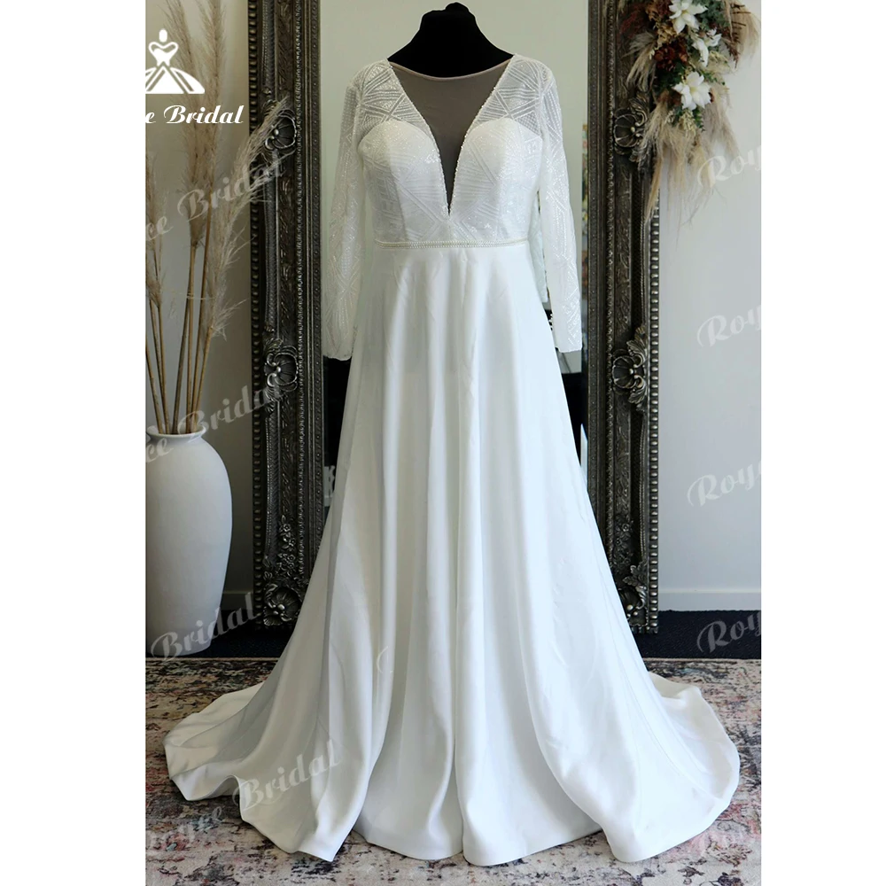 Roycebridal Plus Size Women Long Sleeve Beach Wedding Dress 2025 Abito Sposa Plunging Bridal A Line Satin Wedding Gowns