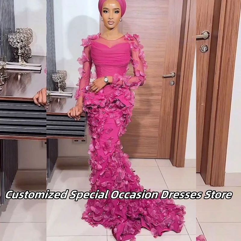 

Розовые цветы ручной работы с длинными рукавами Вечерние платья Aso Ebi Длинное платье русалки для выпускного вечера Вечернее платье для свадебной вечеринки по индивидуальному заказу