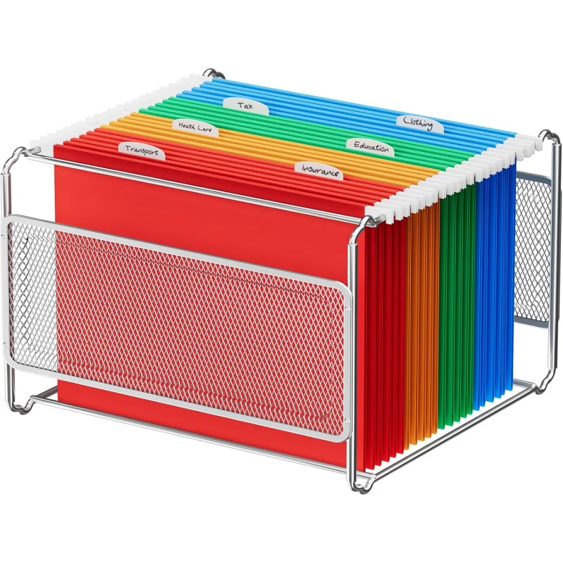 Hanging File Folder Organizer, Metal Mesh Desk Storage Letter Size Files, Filing Crate Frame Office, Home, School, Silv