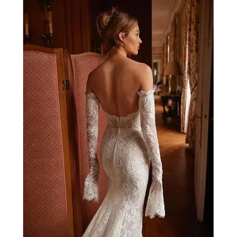 Customized Luxury Long Sleeves Wedding Dresses Off the Shoulder Lace Mermaid Sweetheart Bridal Gown vestidos de novias