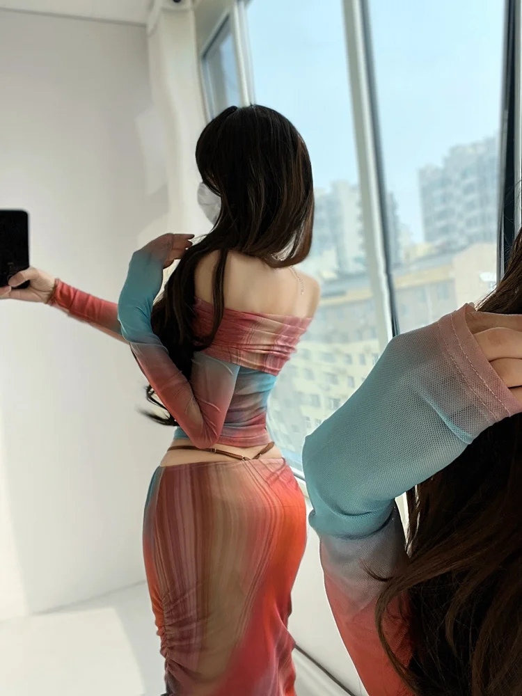 Sexy adient Dyed ter Top And Fi Tail  Skirt Set Alluring Women's Faion Ensemble for Young Adults Spring 2025