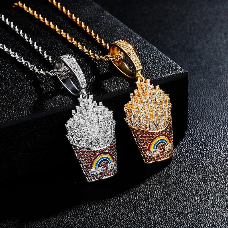 

Хип-хоп коготь оправа 3A + CZ камень Bling Iced Out Радуга картофель фри подвески ожерелья для мужчин рэпер ювелирные изделия Прямая доставка