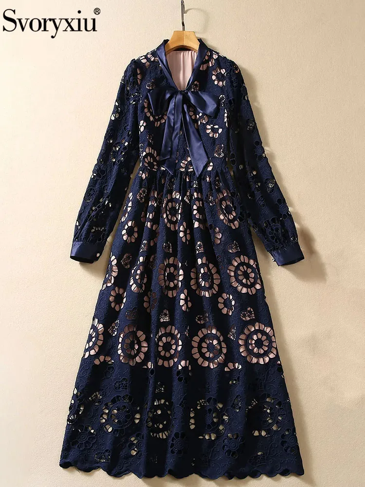 

Svoryxiu Autumn Fashion Navy Blue Color Elegant Lantern Sleeve Midi Dress Women's Bow Tie High Waist Hollow Out Embroidery Dress