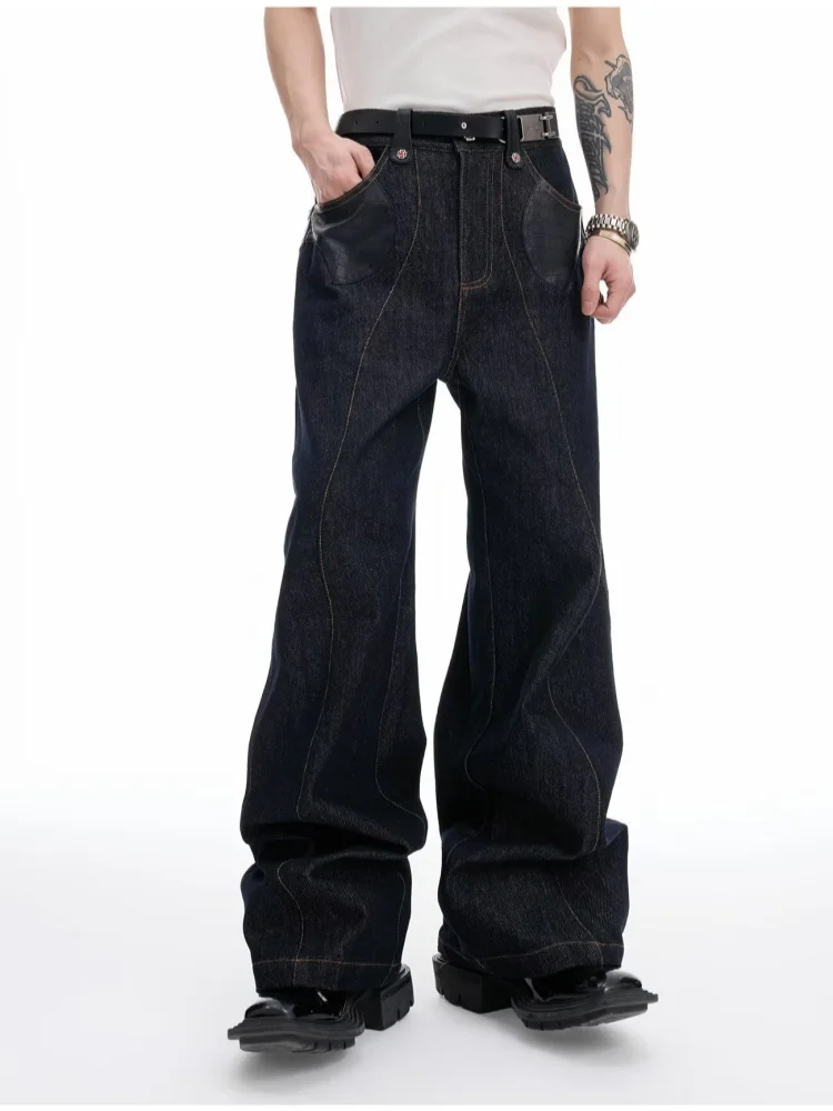 

2025 England Style Y2K Fashion Dark Blue Pu Leather Patchwork Baggy Jeans Pants For Men Clothing Straight Luxury Denim Trousers