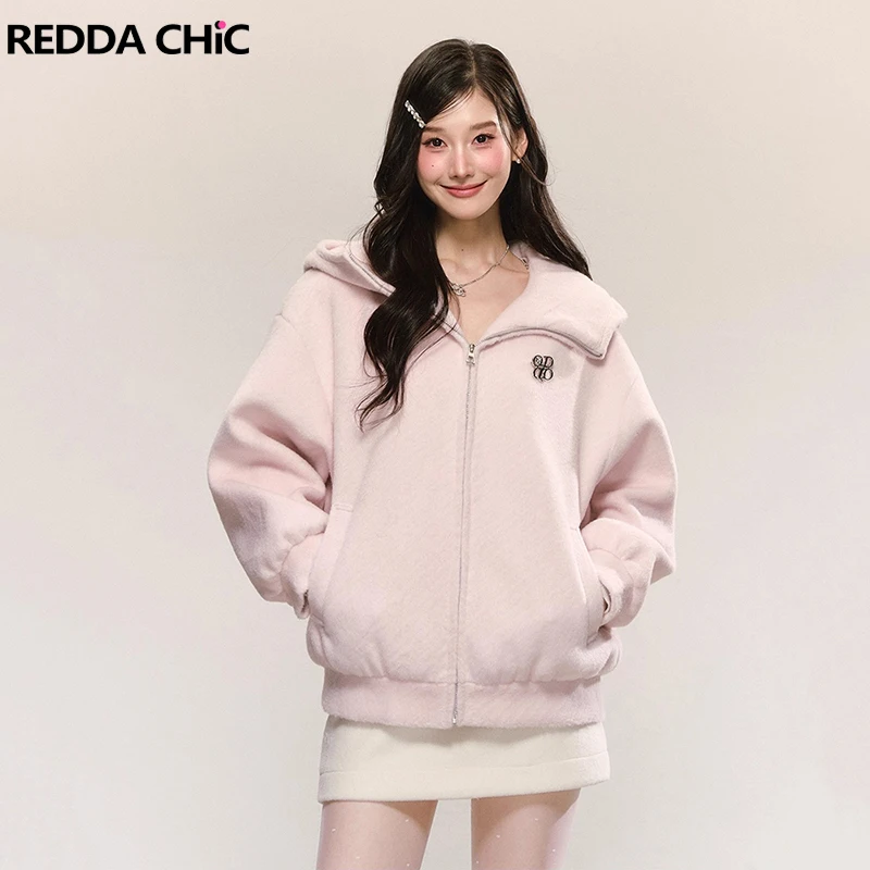 Damska kurtka z kapturem na zamek błyskawiczny REDDACHiC Cutecore, wełniana tweedowa, jednolita, codzienna, z kieszeniami, oversize, z klapami, bluza z kapturem, odzież wierzchnia na jesień i zimę.