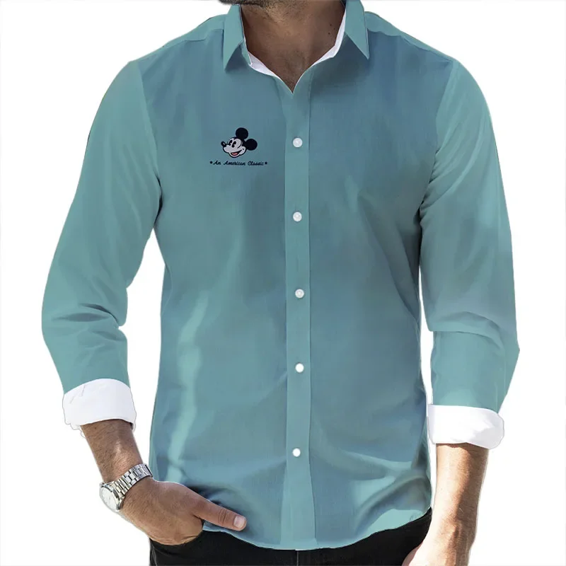 2023 Fall Hot Disney Cartoon Casual 3D Printed Long Sleeve Lapel Shirt Slim Fit Mickey and Stitch Brand Men's Top