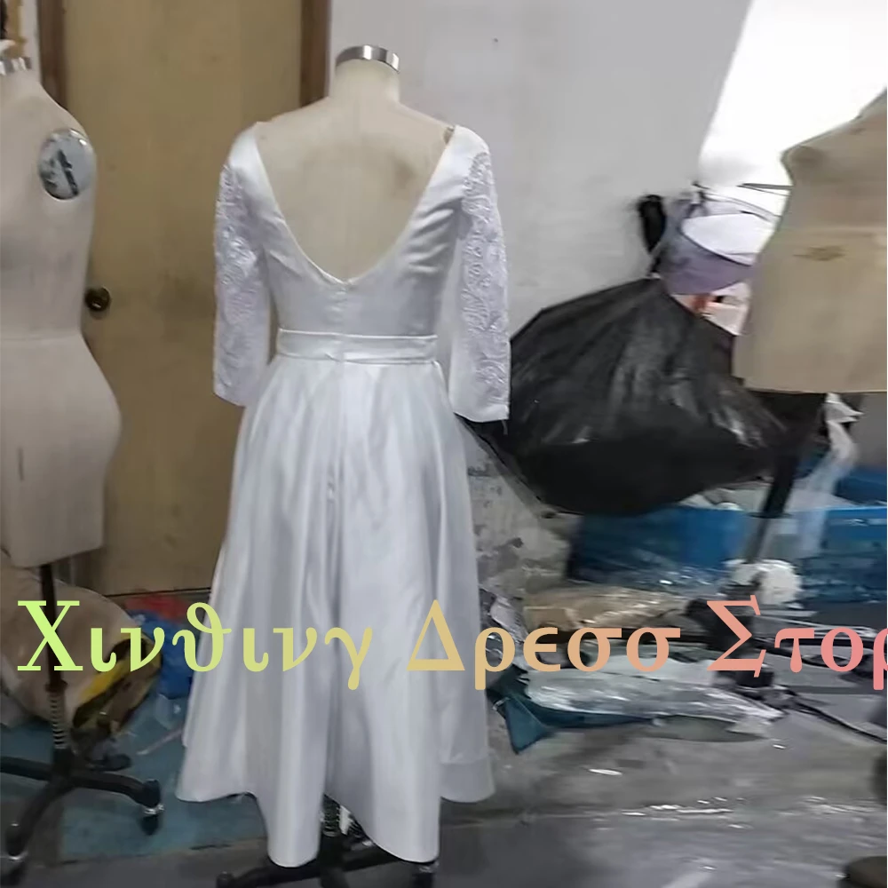 Přizpůsobené minimalistické bílá krátký svatební šaty elegantní čaj délka čerpat nášivky 3/4 rukávy svatební gowns na zip couvat žena