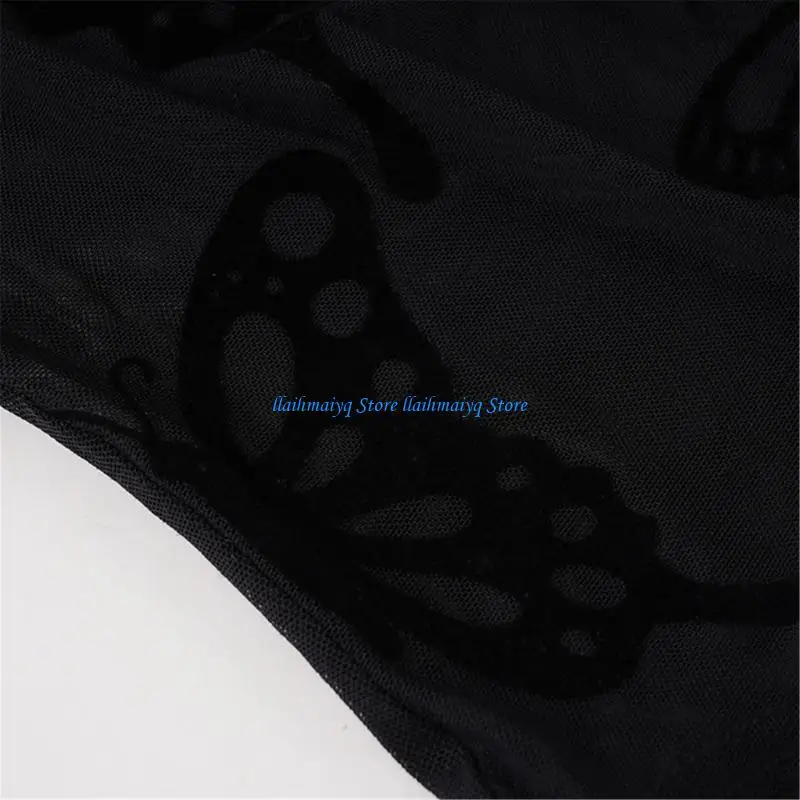

573B Elegant Butterfly Print Sheer Mesh Long Sleeve Bodysuit For Women Stretch Fabric Mock Neck Fit Jumpsuit Party Wear