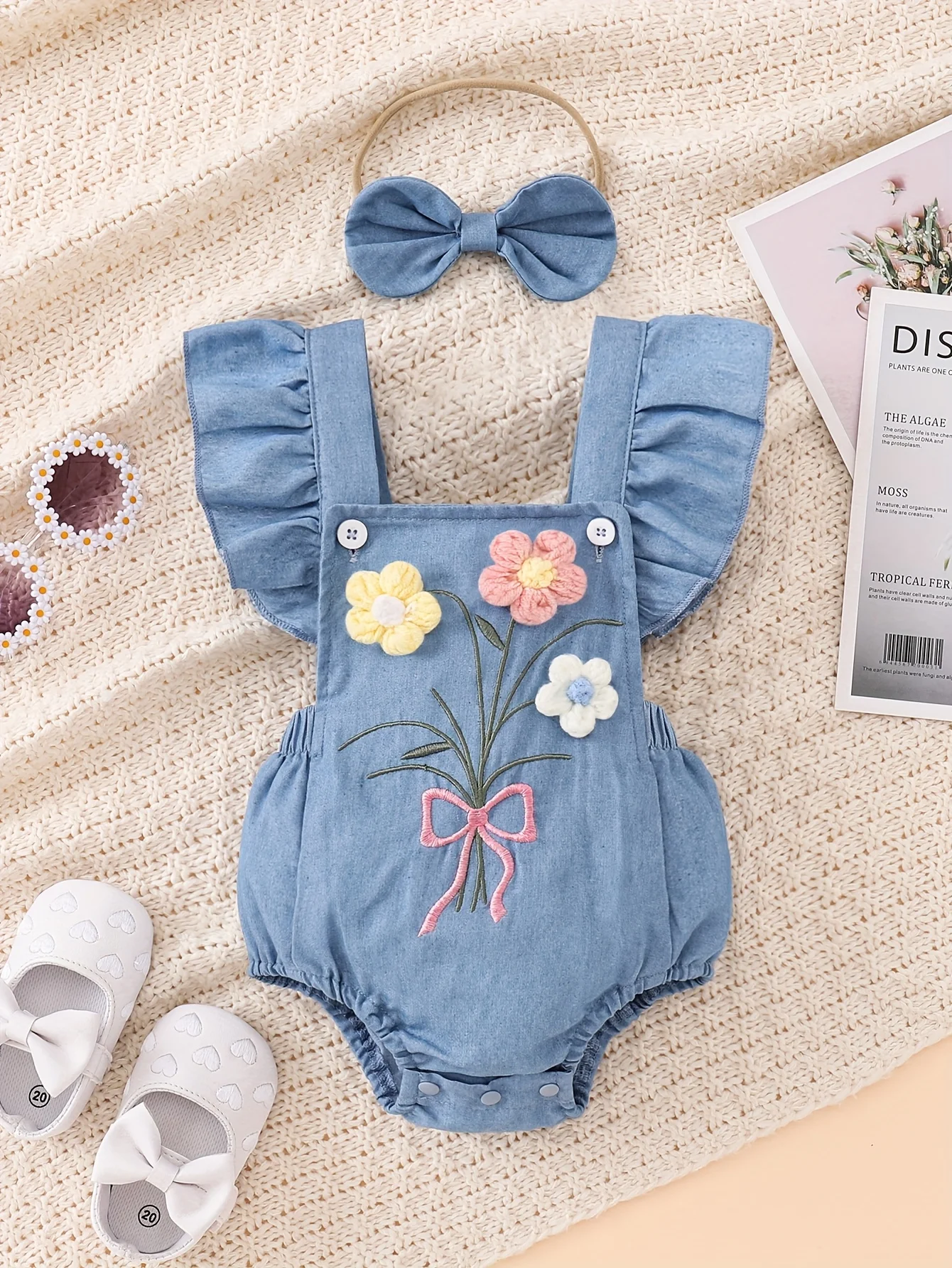 Baby Girl Soft Denim 3D Flower Embroidered Flutter Overall Romper + Bow Headband, Cute 2-Piece Outfit