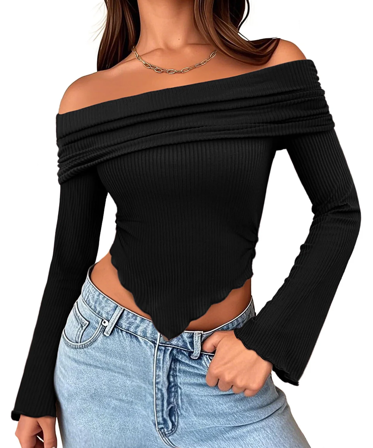 

Autumn T-shirt Sexy Women Top Off Shoulder Slim Tees Long Sleeves Streetwear Pullover Asymmetrical Lady Rib-Knitted T-shirt