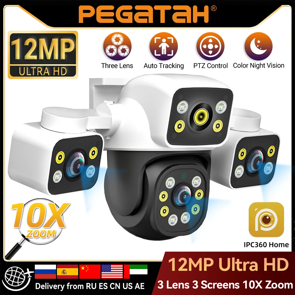 

PEGATAH 6K 12MP Outdoor WiFi Security Camera, Tri-Lens PTZ Auto Tracking, 10X Zoom, Sound Light Alarm, Color Night Vision, IP66