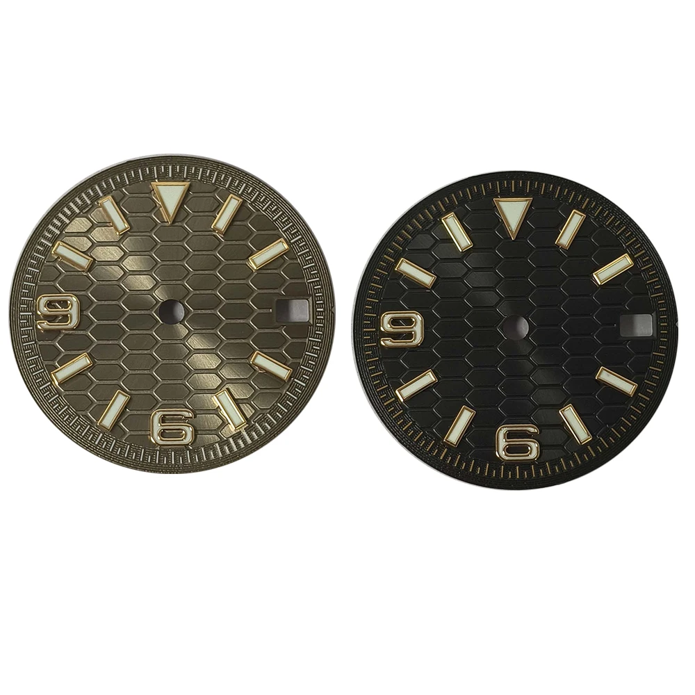 28.5mm Geometric Pattern Gold Studs Sunburst Watch Dial Green Luminous Watch Face Modification Kits for NH35/36/4R/7S Movement