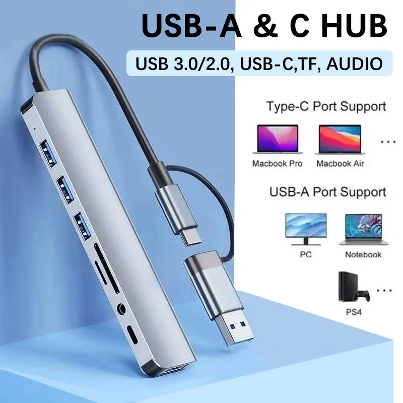 

8 в 2 USB-концентратор типа C HUB SD/TF, док-станция для чтения карт памяти с адаптером аудиоразъема 3,5 мм для Macbook, ноутбука, компьютера, телефона