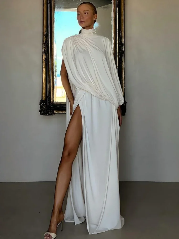 

Fashion High Slit 2 Piece-Set Long Skirt For Women Elegant Solid High-Neck Pleated Top And Sexy Maxi Skirt Sets Female