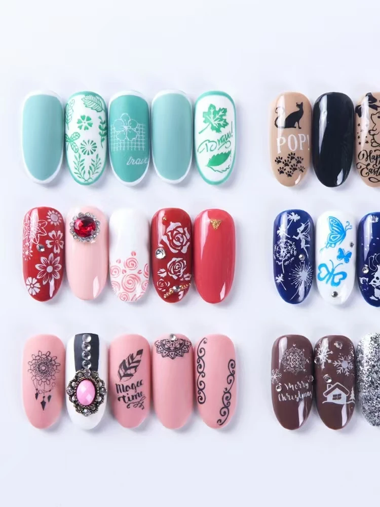 Ensemble de plaques d'estampage pour ongles, brosse de tampon en Silicone, pochoirs de transfert de vernis à ongles, modèle de géométrie de fleur, outils Maniucre