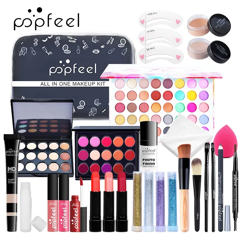 POPFEEL Makeup Kit Set, Cosmetic Set, Eyeshadow Palette, Lip Gloss Set, Liquid Lipstick, Makeup Sponge, Foundation, Concealer