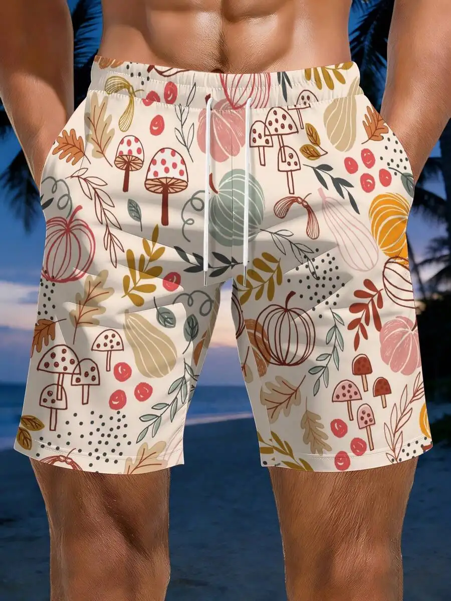 

Mens Beach Shorts Autumn Harvest Pattern Pumpkin Mushroom Leaf Print Summer Swim Trunks