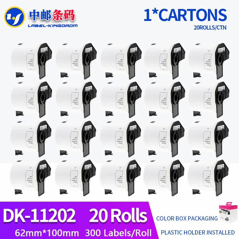 20 Rolls Generic DK-11202 Label 62mm*100mm 300Pcs Compatible for Brother Thermal Printer All Come With Plastic Holder DK-1202