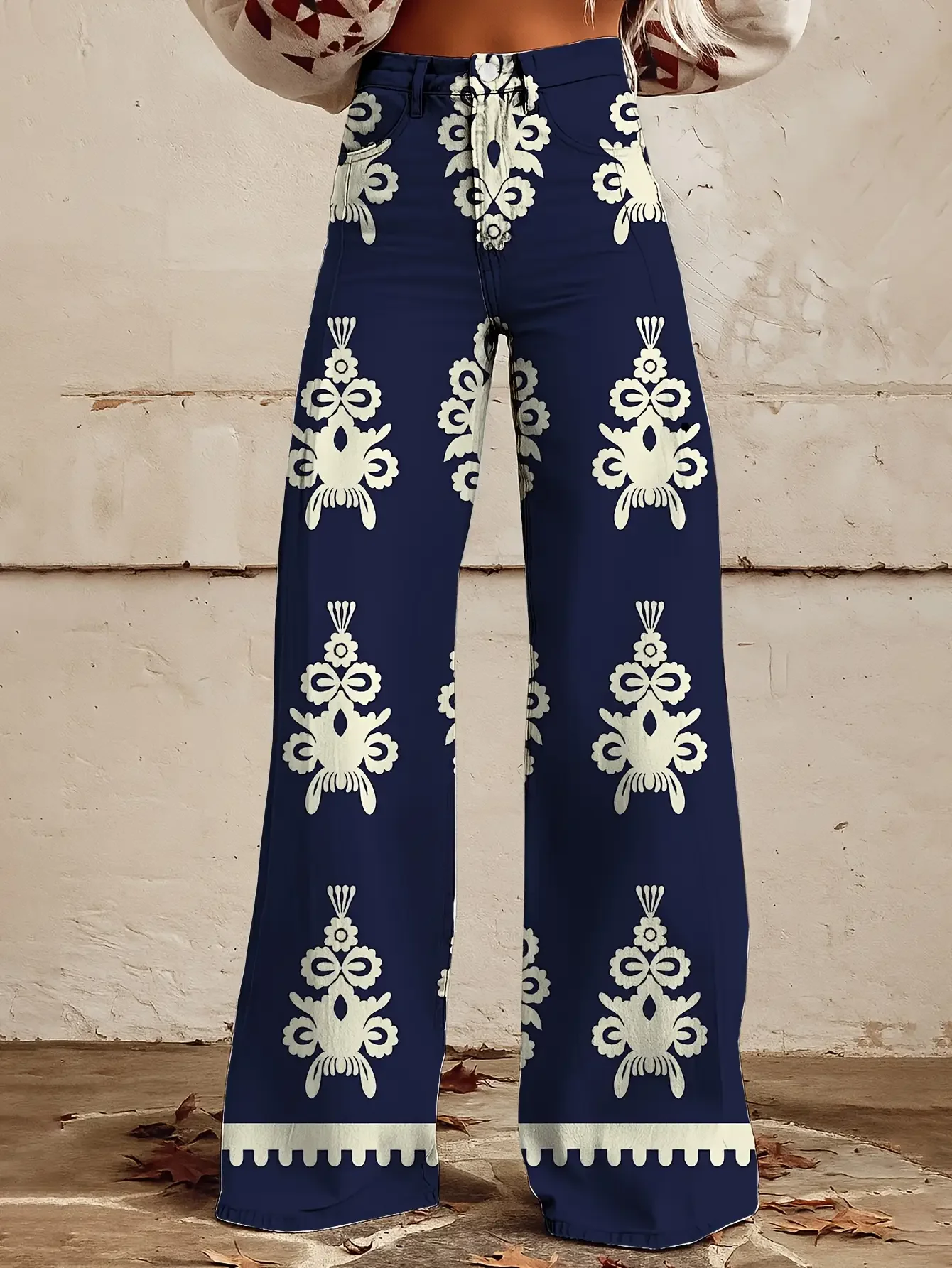 Ladies' fashionable casual wide leg jeans, washed elastic denim, versatile wide leg pants,Realistic flame pattern pants,