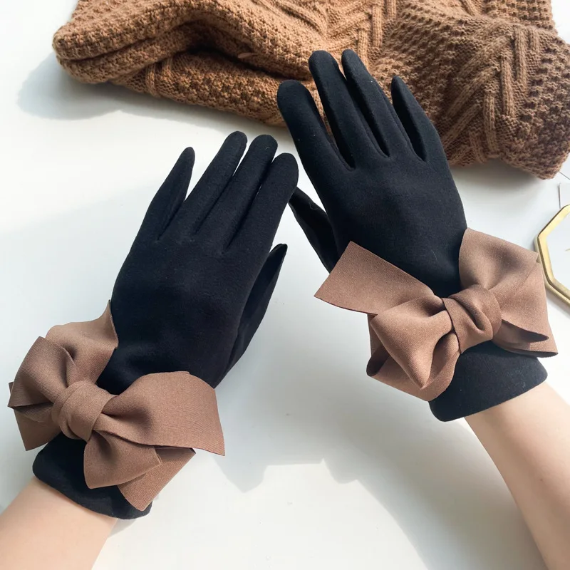 

Fashion Women Winter Gloves Warm Plush Lining Big Bowknot Bicolor Touch Screen Winter Gloves for Women Mittens