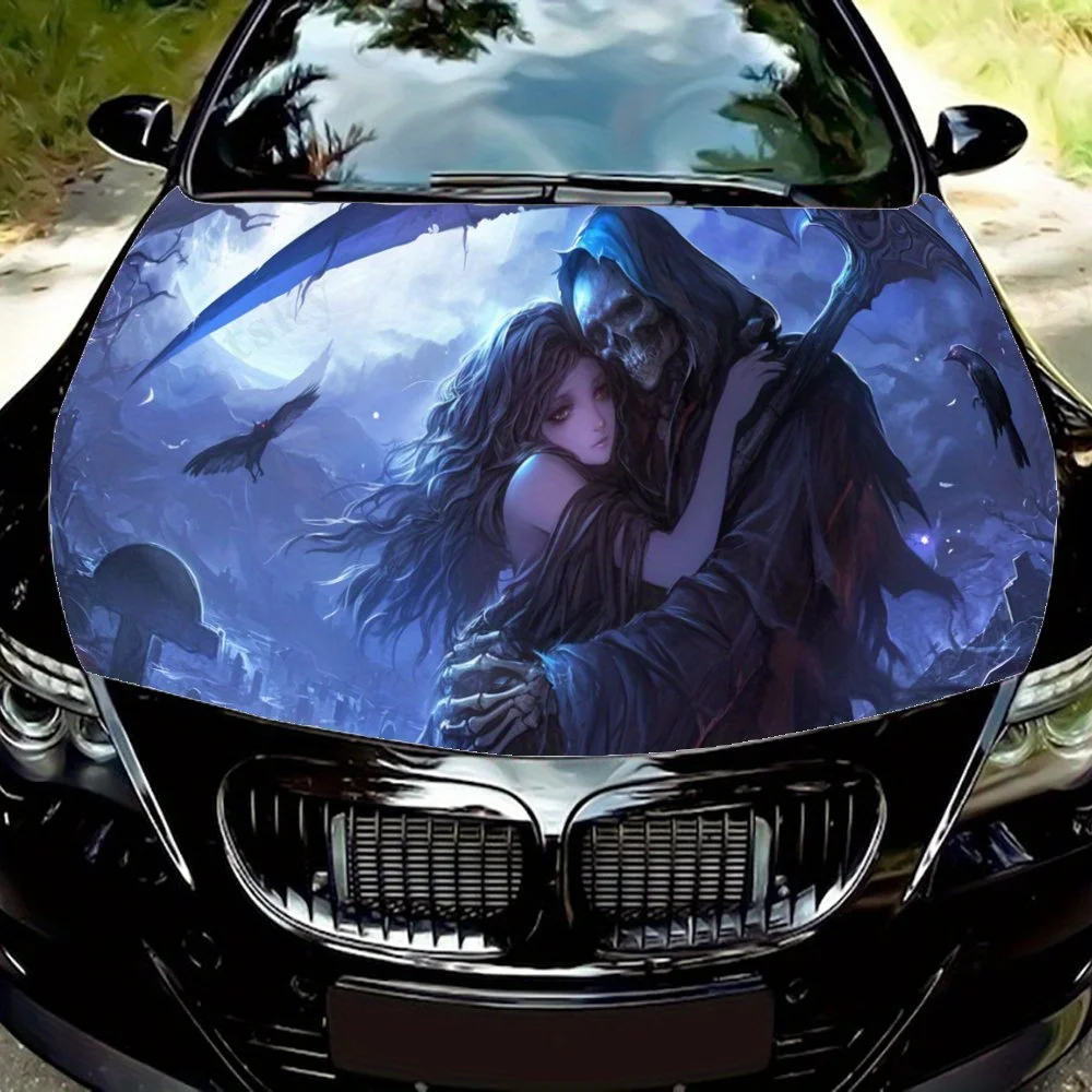 

Grim Reaper & Girl Car Vinyl Wrap, PVC Waterproof Car Hood Sticker, Self-Adhesive Scratch-Resistant Stickers for Engine Cover, C
