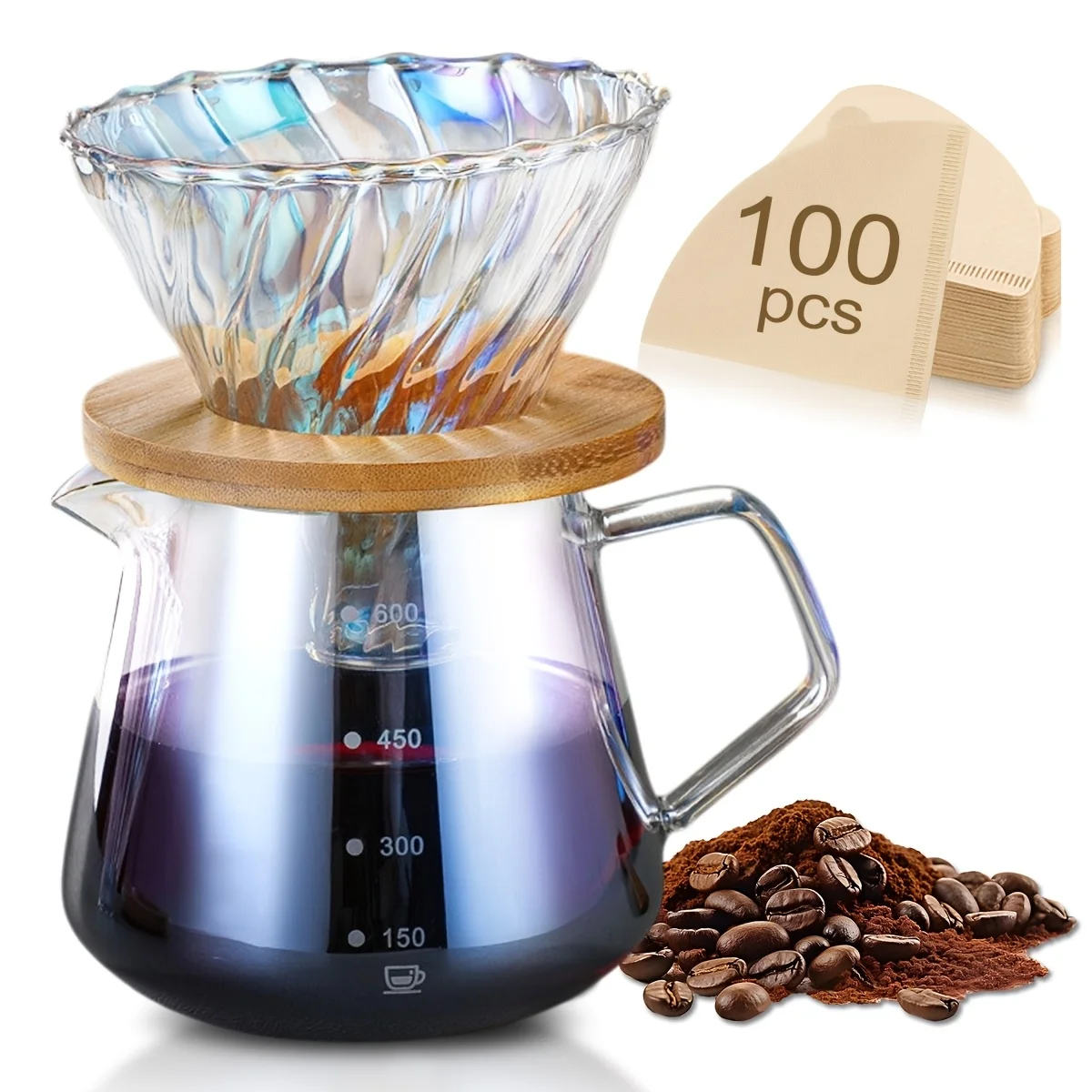 

Набор кофеварки Pour Over, кофейный сервер с переливающимся стеклянным графином и стеклянной капельницей для кофе и 100 шт. бумажного фильтра V02