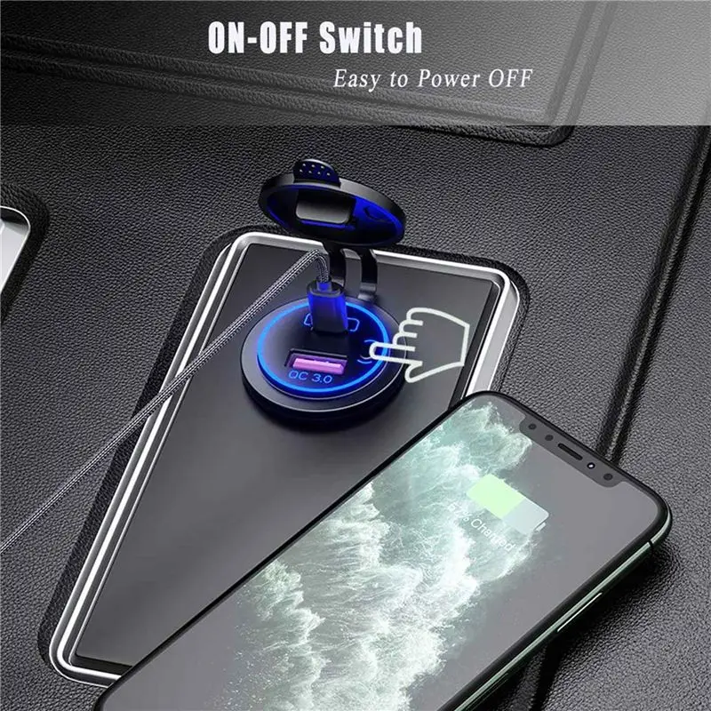 5X PD Type C USB Car And QC 3.0 Quick 12V Power Outlet Socket With ON/Off Switch Blue