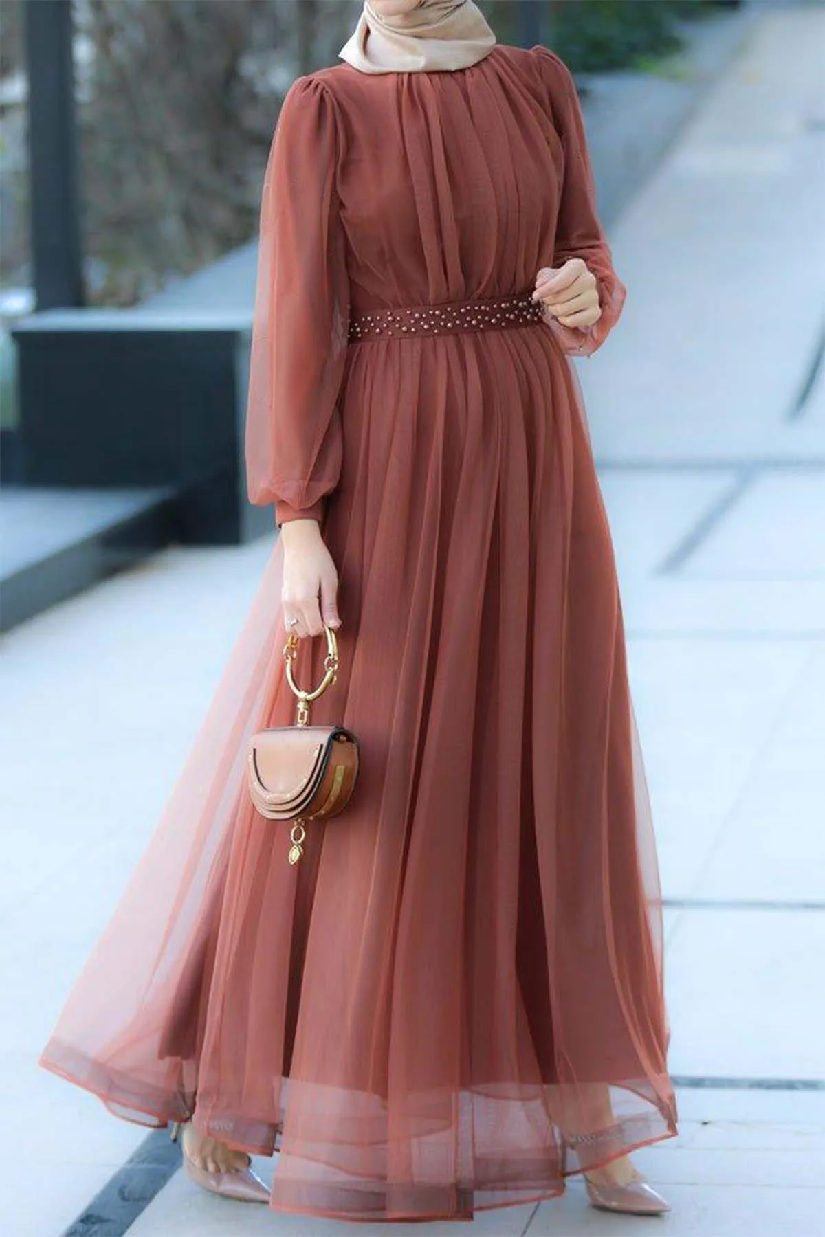 ผู้หญิงมุสลิม Hellofatimah Elegant ชีฟองโคมไฟ Layered Tunic Maxi Dress