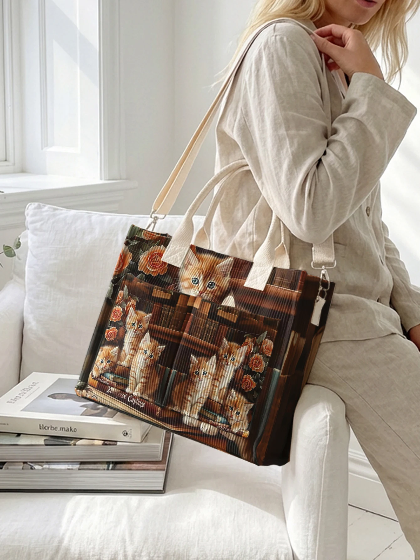 3D Orange Tabby Cat & Rose Print Corduroy Tote Bag Large Capacity Multi Pocket Cat Lover Commuter Shoulder Bag