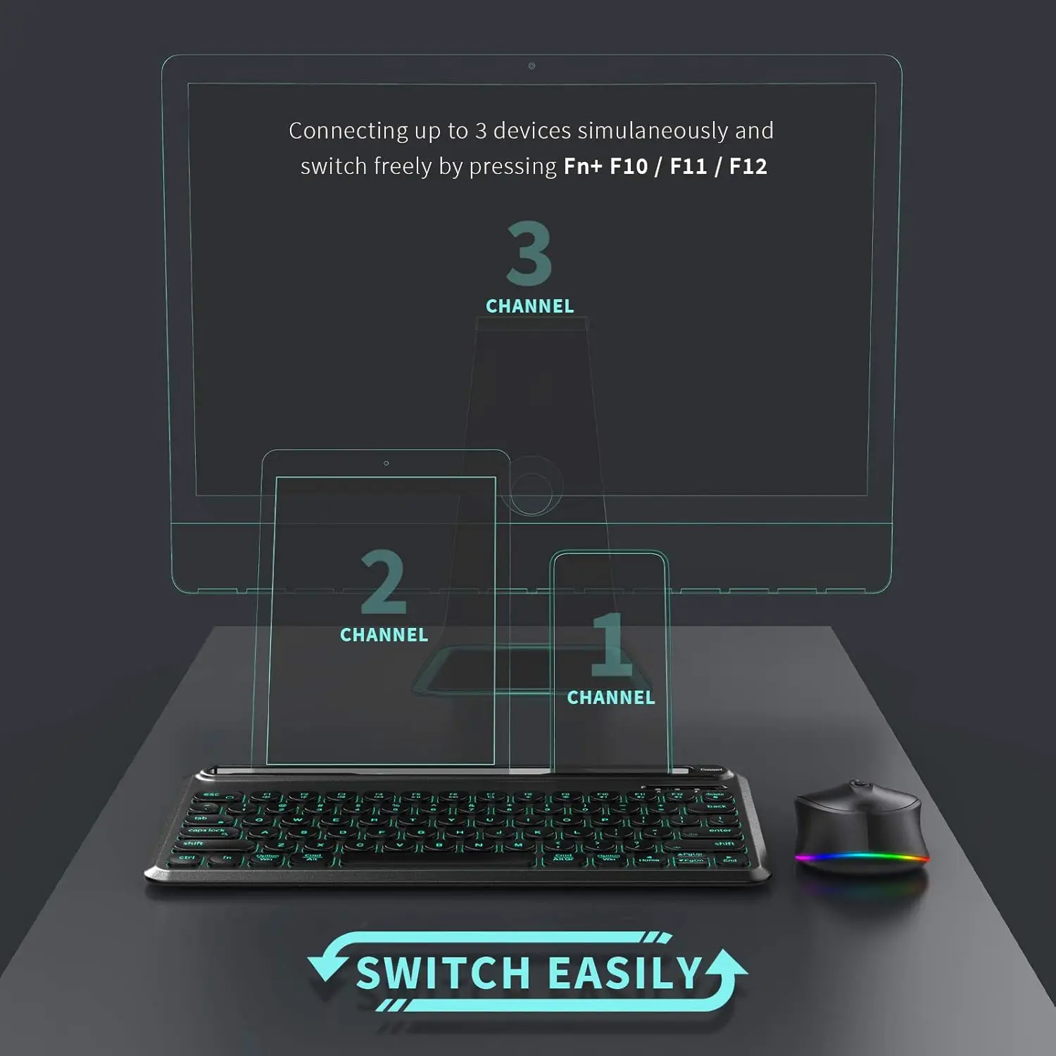 مجموعة لوحة مفاتيح وماوس لاسلكية بلوتوث بإضاءة سوداء RGB لنظام التشغيل Mac OS iPad Air iPad Pro Tablet Android والهواتف المحمولة والكمبيوتر المحمول