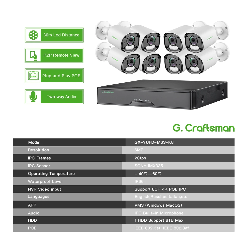 XMeye-Kit de système POE, capteur 6MP, enregistreur NVR POE 8ch, 2 HDD, surveillance de sécurité statique 24/7, GCraftsman