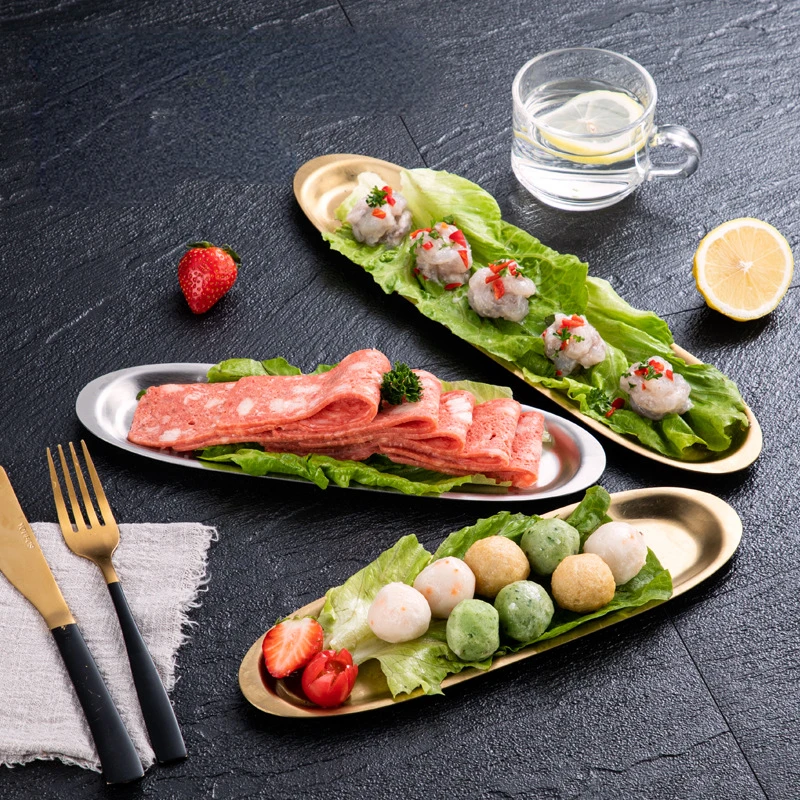 

Shrimp slide plate stainless steel strip plate sashimi plate commercial beef ball plate golden sushi plate hot pot dish plate