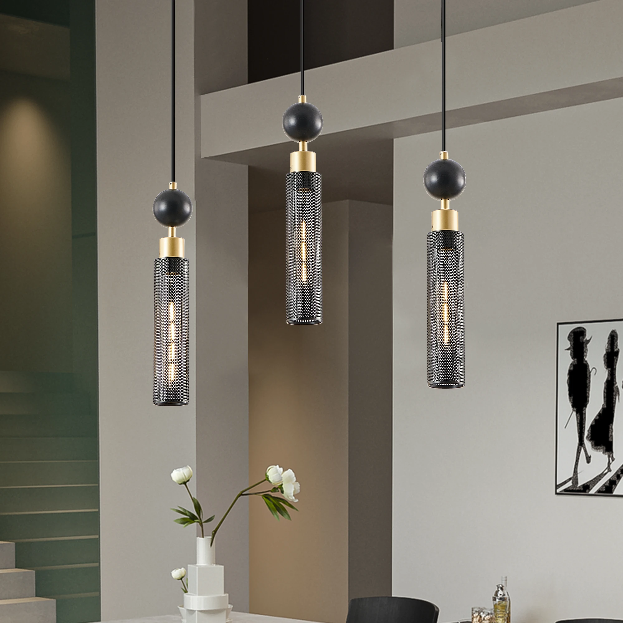 

Modern Black and Gold 3-Light Pendant Chandelier, Adjustable Hanging Lights with Cylindrical Mesh Shades, E26 Base.