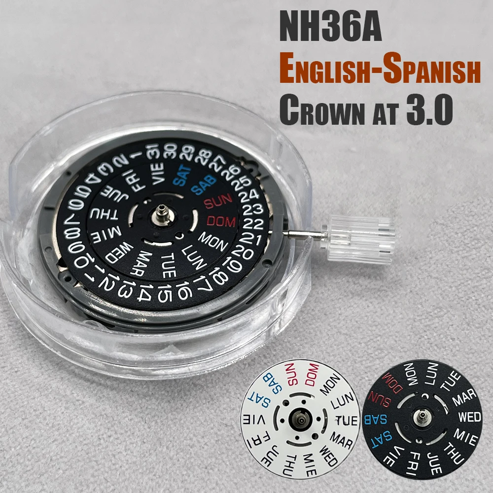 English-Spanish NH36 Movement Black Datewheel Crown at 3.0 Seiko Original Mechanical Watch Replacement Mechanism NH36A White Dis