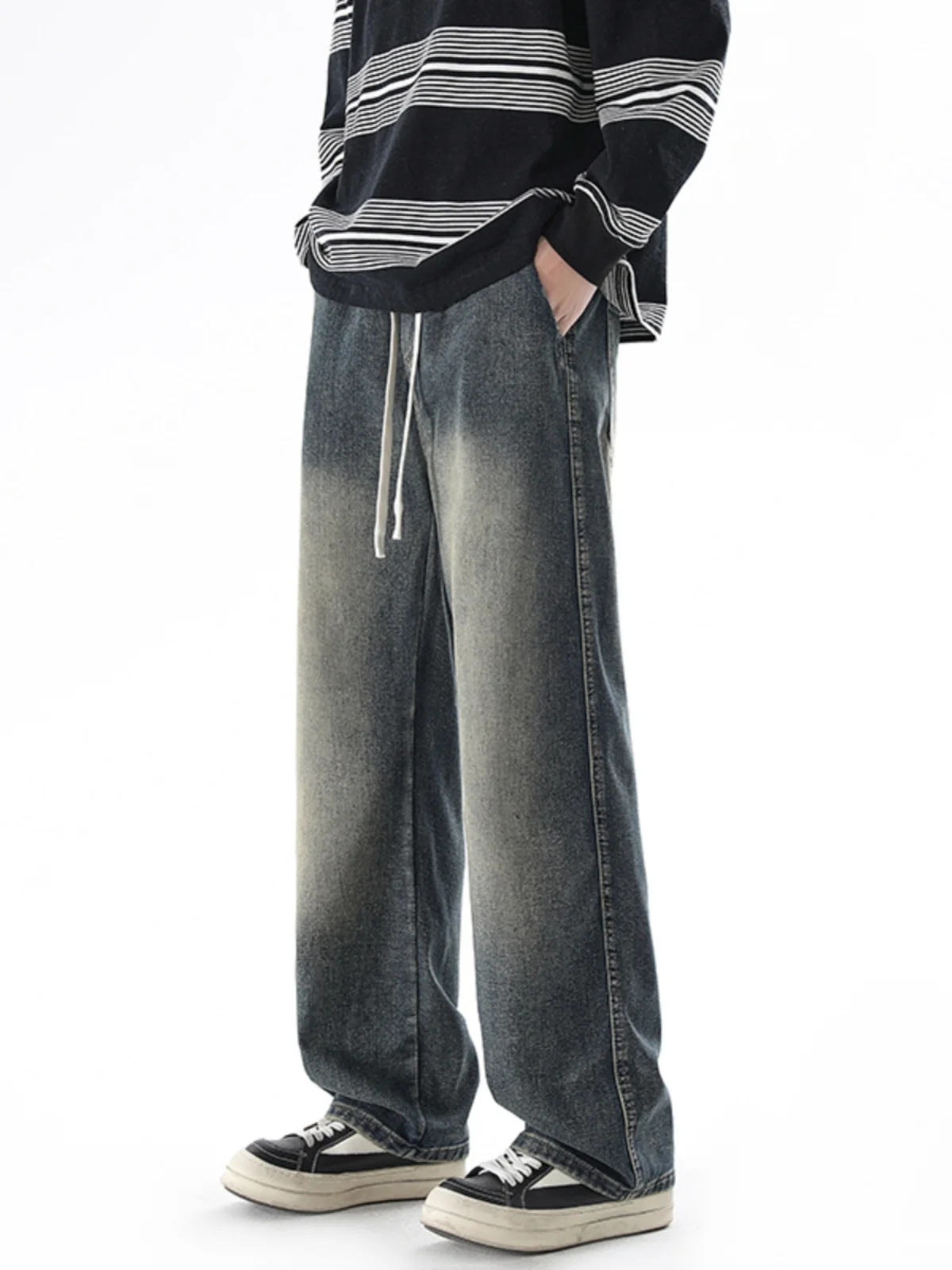 

American Sle Vintage Blue Men's Jeans Spring Autumn Trendy Cleanfit Wide Leg Straight Cut Long Pants Youth Wear