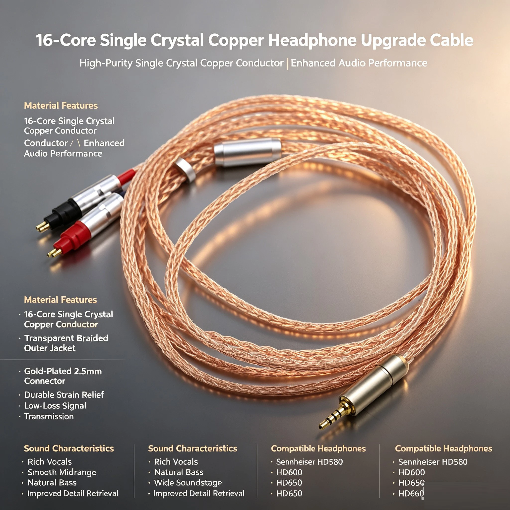 16 Cores 2.5mm OCC Single Crystal Pure Copper Headset Audio Cable Replacement For Sennheiser HD580 HD600 HD650 HD660 Headphone