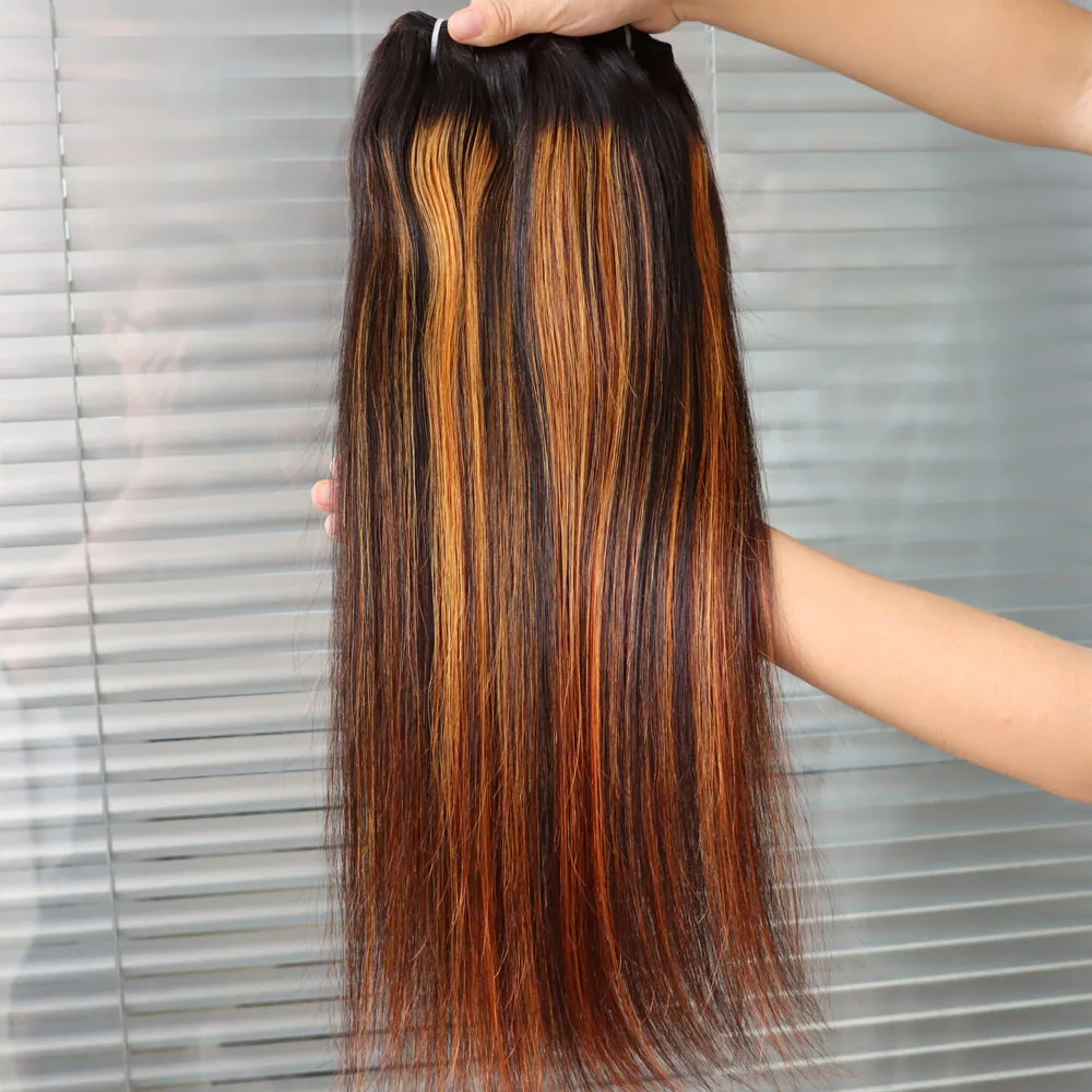 الجملة عذراء الشعر البشري الهندي حزمة تسليط الضوء على 1B الأصفر البرتقالي البيانو لحمة الشعر النسيج التجزئة انخفاض الشحن للأسود