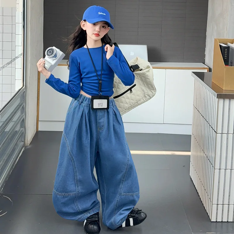 

Осень 202, джинсовые брюки для девочек-подростков, свободные шаровары в стиле ретро для девочек-подростков, детские брюки полной длины с эластичной резинкой на талии