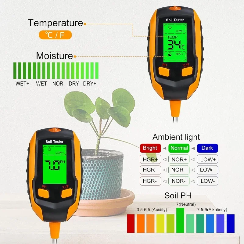 Soil PH Meter Sunlight PH Tester Soil Moisture Watering Test Garden Flowers Sensor Meter Plants Ambient Humidity Measuring Tool