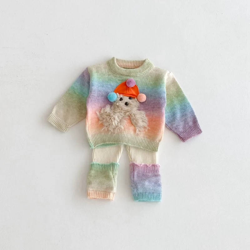 

HoneyCherry New Sweater for Baby Girls' Autumn Suits, Children's Colorful Striped Knitted Sweater, Cartoon Two-piece Set
